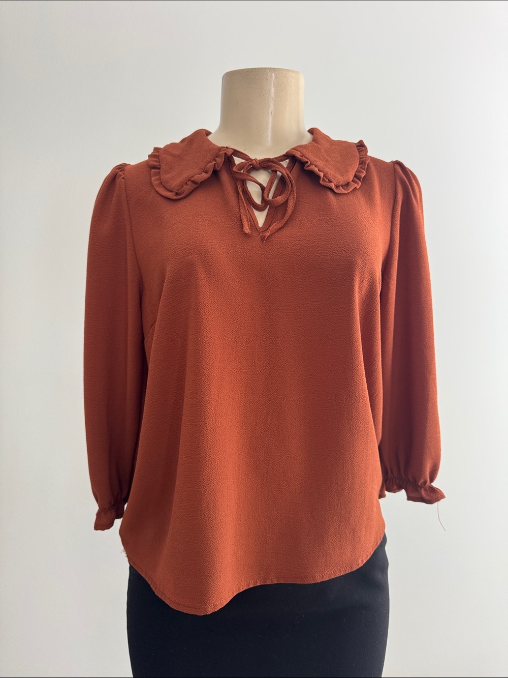 Ruffled Tie-Neck Blouse in Rust